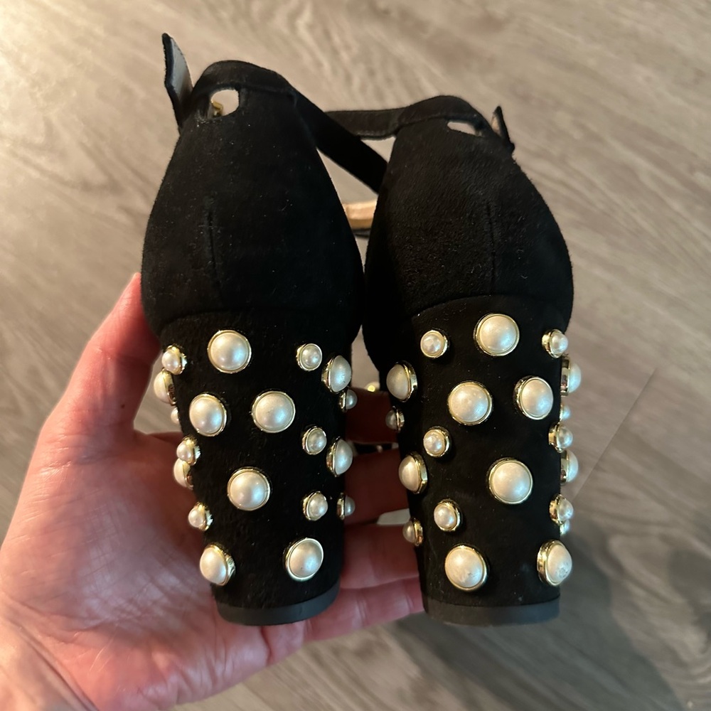 Stuart Weitzman nearlynude nudist more pearls chunky heel black suede 7 - Picture 6 of 12
